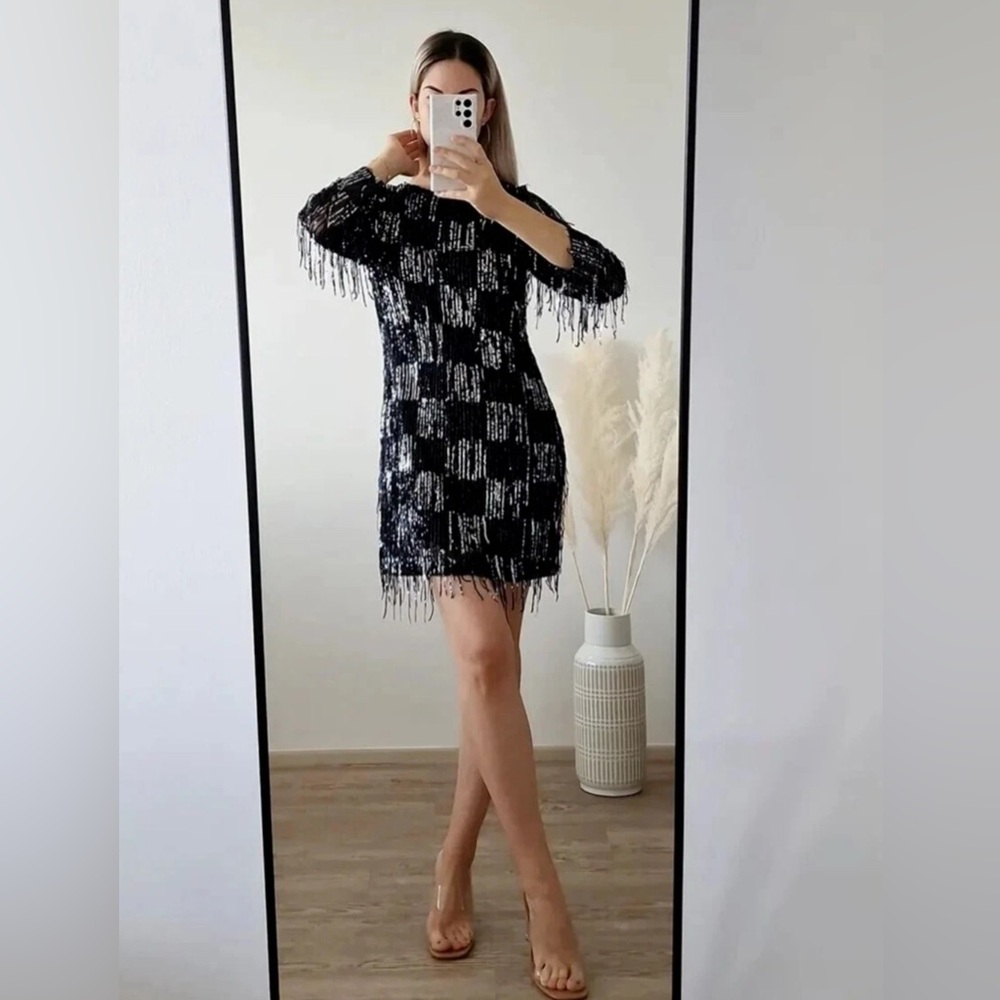 ZARA NWT WOMAN FRINGED SEQUIN MINI SHIFT DRESS BLACK - Picture 3 of 14
